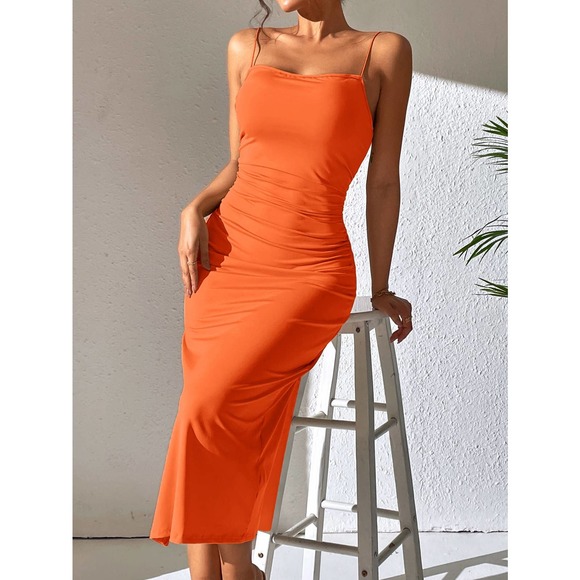 Twist Backless Split Thigh Cami midi Dress nude tan - Picture 7 of 11